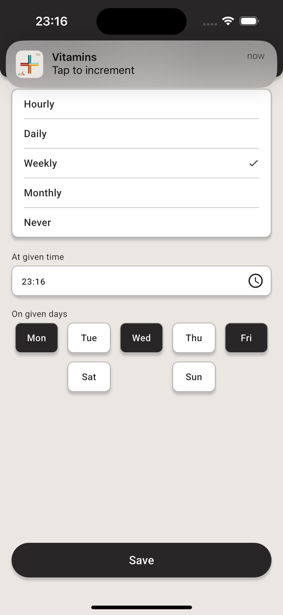 Reminder configuration screen